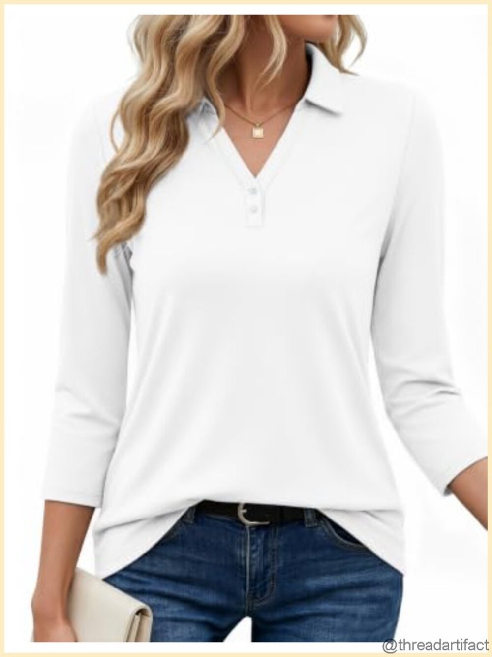 Women's 3/4 Sleeve Polo Shirt Collared V Neck Golf Shirt